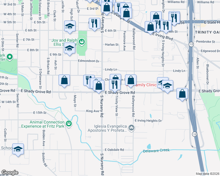 map of restaurants, bars, coffee shops, grocery stores, and more near 1130 Stella Drive in Ferris