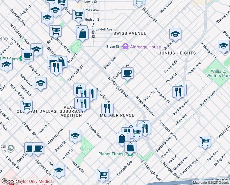 map of restaurants, bars, coffee shops, grocery stores, and more near 5102 Junius Street in Dallas