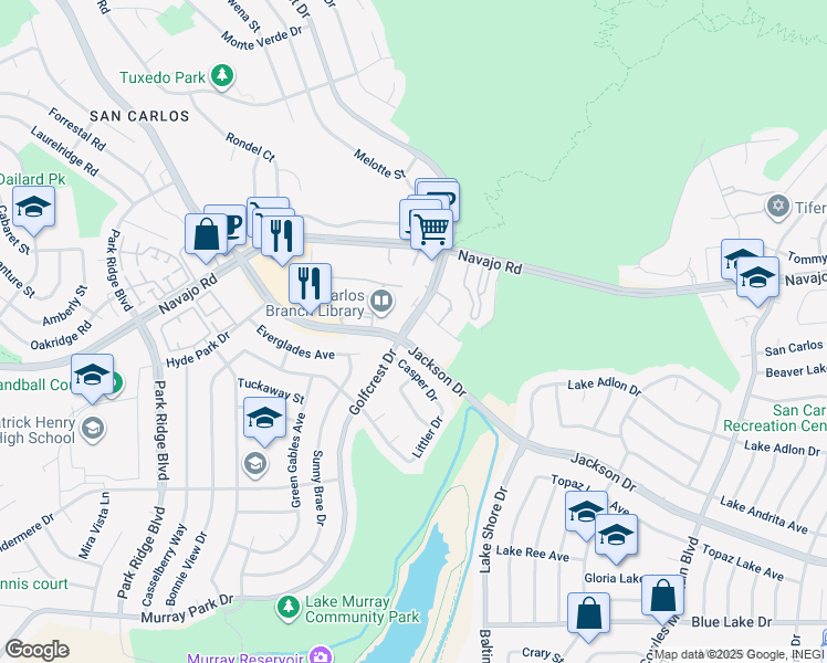 map of restaurants, bars, coffee shops, grocery stores, and more near 6867 Golfcrest Drive in San Diego