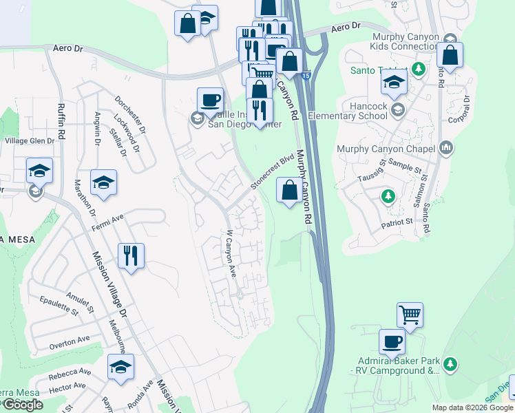 map of restaurants, bars, coffee shops, grocery stores, and more near 9727 Stonecrest Boulevard in San Diego