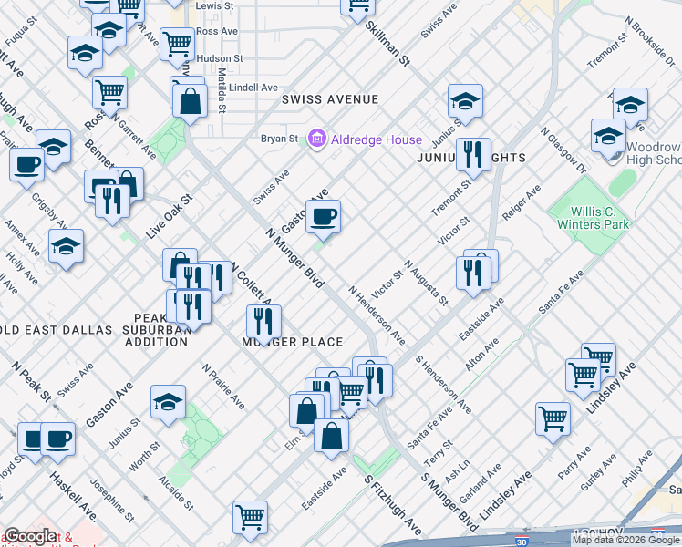 map of restaurants, bars, coffee shops, grocery stores, and more near 612 North Henderson Avenue in Dallas