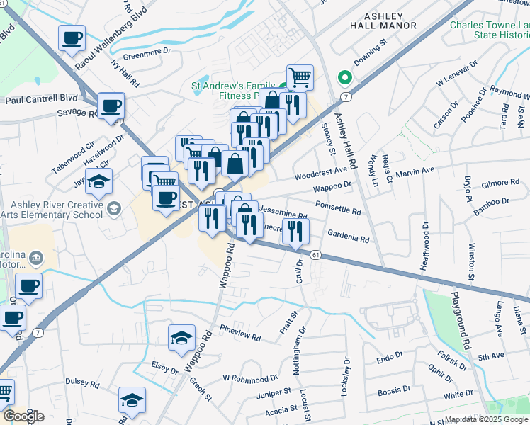 map of restaurants, bars, coffee shops, grocery stores, and more near 1719 Jessamine Road in Charleston