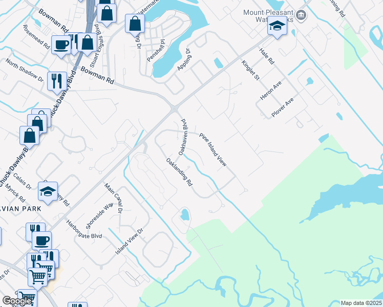 map of restaurants, bars, coffee shops, grocery stores, and more near 1414 Inland Creek Way in Mount Pleasant
