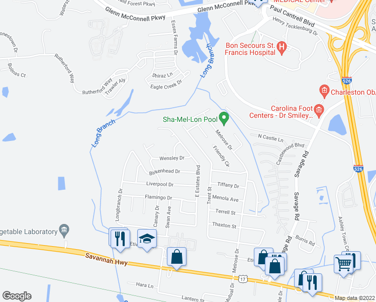 map of restaurants, bars, coffee shops, grocery stores, and more near 904 East Estates Boulevard in Charleston