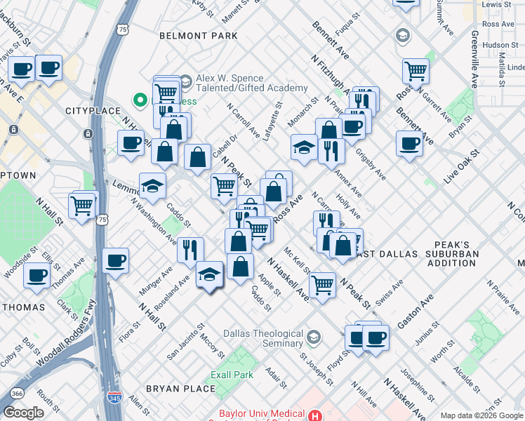 map of restaurants, bars, coffee shops, grocery stores, and more near 4234 Roseland Avenue in Dallas