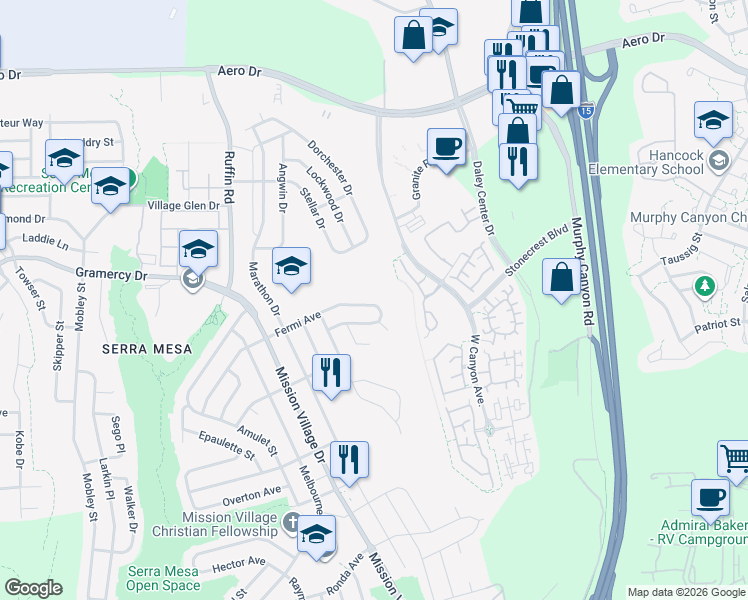 map of restaurants, bars, coffee shops, grocery stores, and more near 9552 Fermi Avenue in San Diego