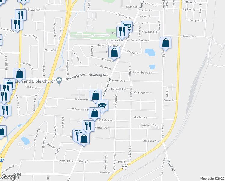 map of restaurants, bars, coffee shops, grocery stores, and more near 742 Villa Crest Avenue in Macon