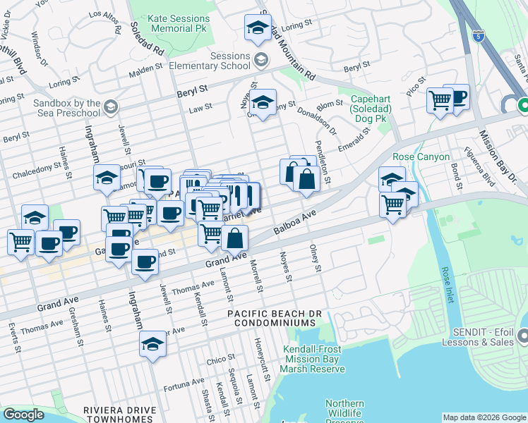 map of restaurants, bars, coffee shops, grocery stores, and more near 2061 Garnet Avenue in San Diego