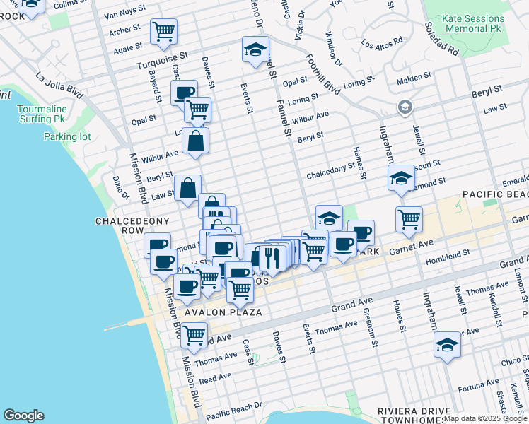 map of restaurants, bars, coffee shops, grocery stores, and more near 1151 Missouri Street in San Diego