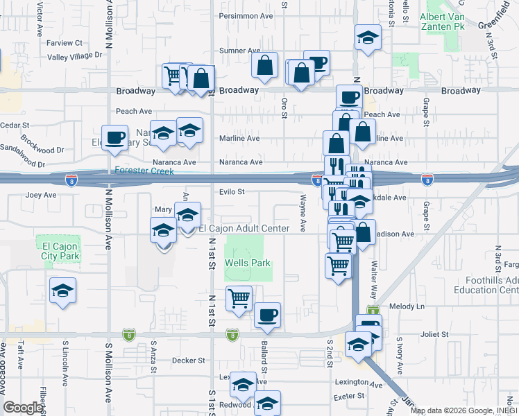 map of restaurants, bars, coffee shops, grocery stores, and more near 585 Roberta Avenue in El Cajon
