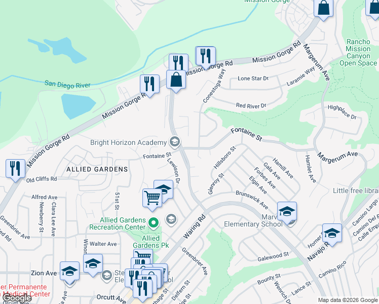 map of restaurants, bars, coffee shops, grocery stores, and more near 5367 Fontaine Street in San Diego