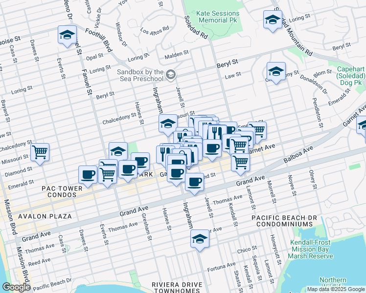 map of restaurants, bars, coffee shops, grocery stores, and more near in San Diego