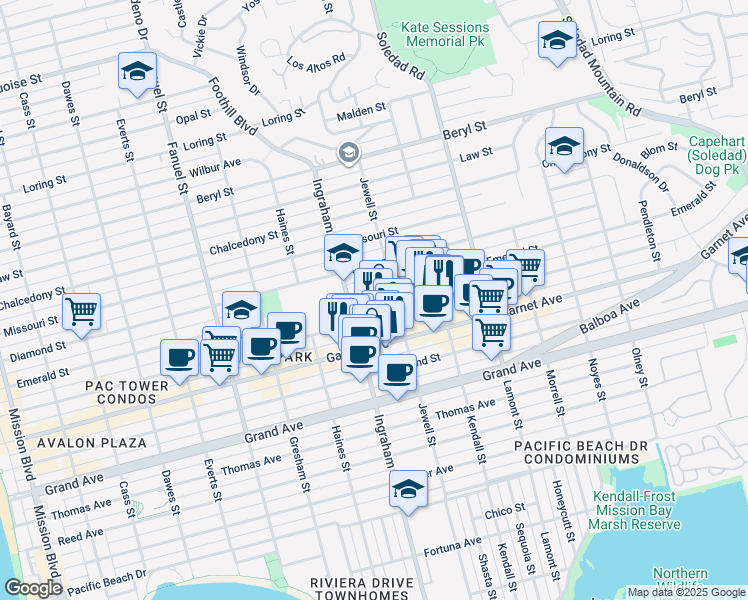map of restaurants, bars, coffee shops, grocery stores, and more near in San Diego