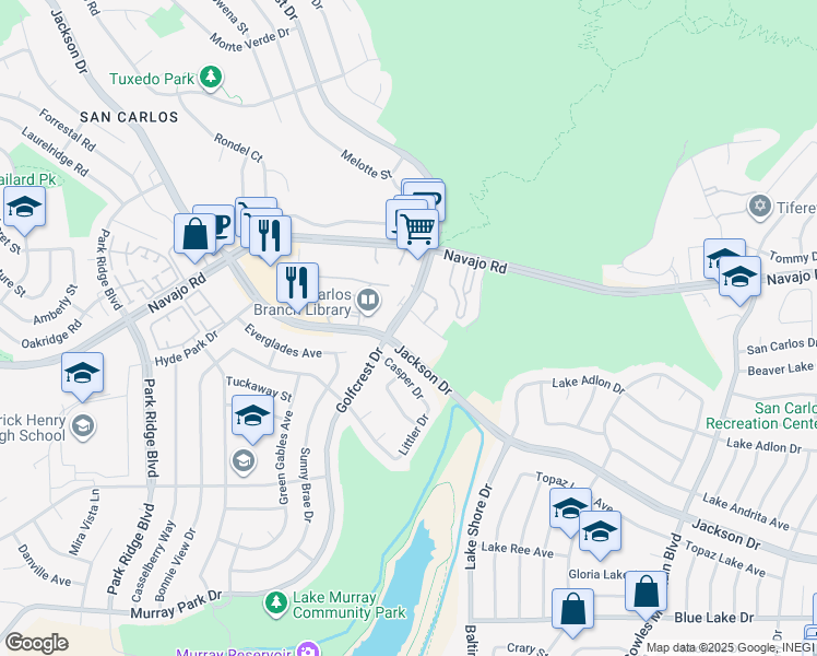 map of restaurants, bars, coffee shops, grocery stores, and more near 6867 Golfcrest Drive in San Diego
