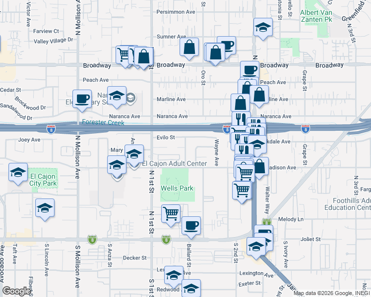 map of restaurants, bars, coffee shops, grocery stores, and more near 585 Roberta Avenue in El Cajon