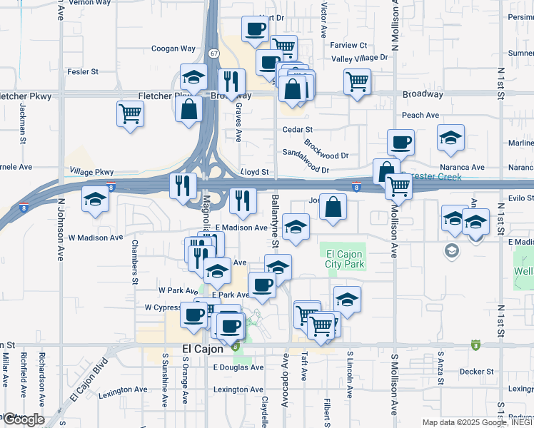 map of restaurants, bars, coffee shops, grocery stores, and more near 567 Ballantyne Street in El Cajon