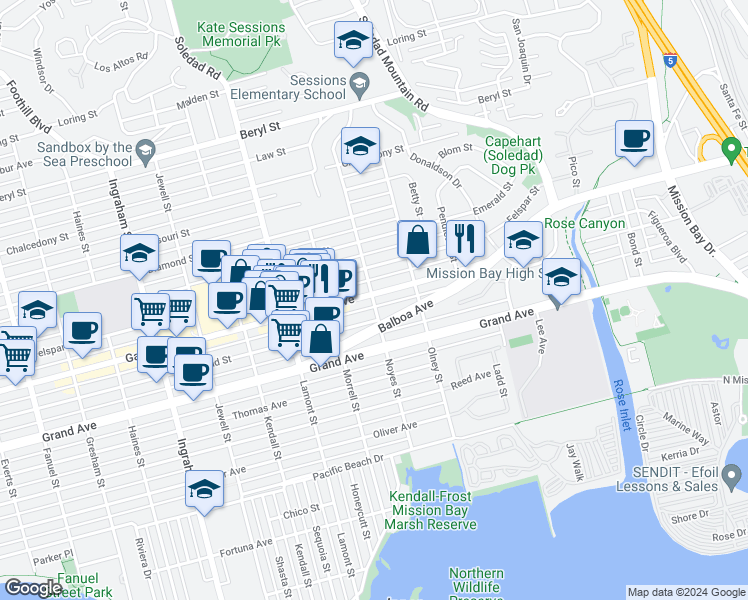 map of restaurants, bars, coffee shops, grocery stores, and more near 2138 Garnet Avenue in San Diego