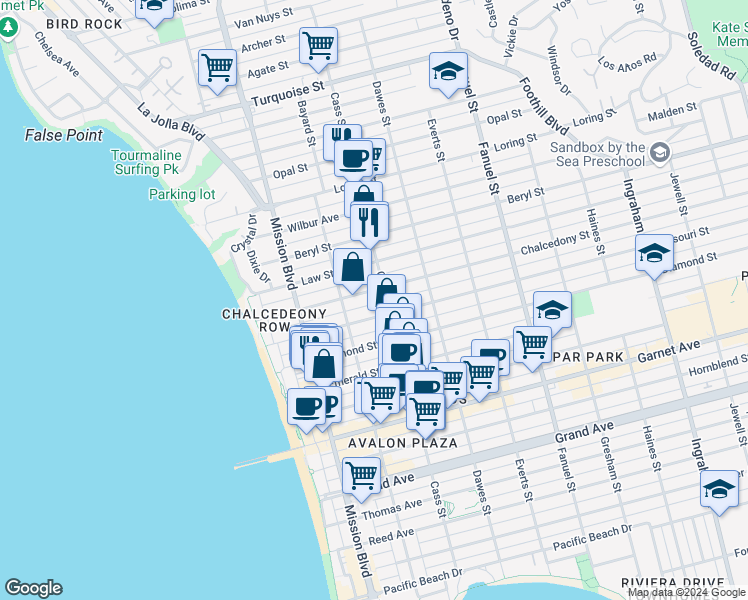 map of restaurants, bars, coffee shops, grocery stores, and more near in San Diego