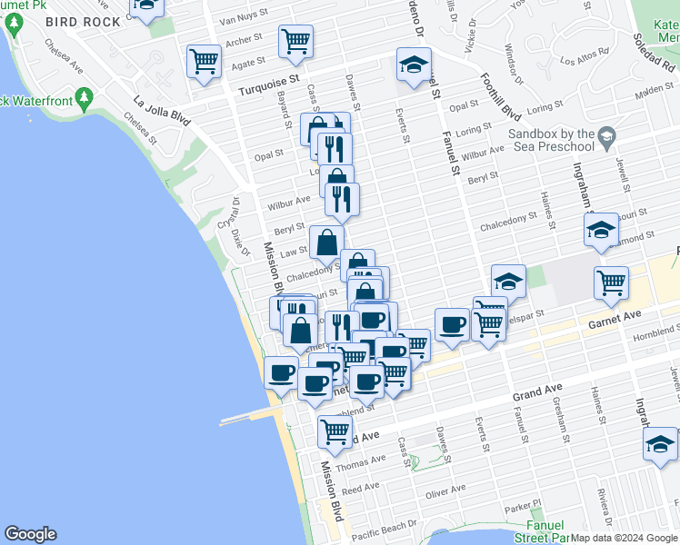 map of restaurants, bars, coffee shops, grocery stores, and more near in San Diego