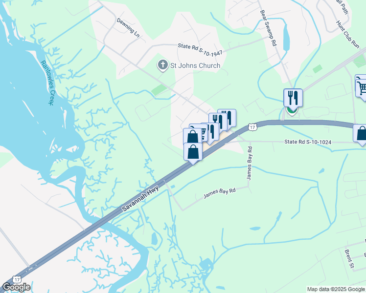 map of restaurants, bars, coffee shops, grocery stores, and more near 3902 New Hope Road in Johns Island