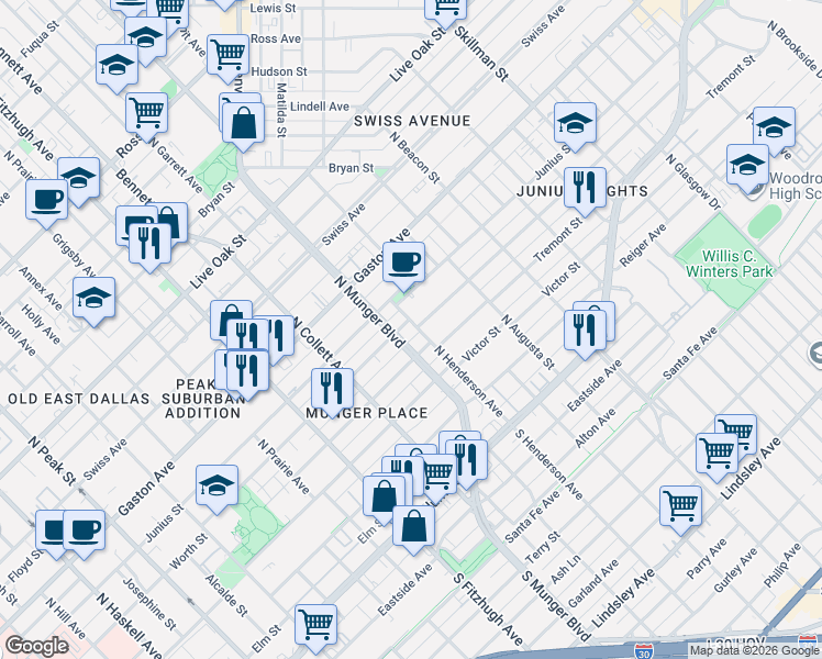 map of restaurants, bars, coffee shops, grocery stores, and more near 612 North Henderson Avenue in Dallas