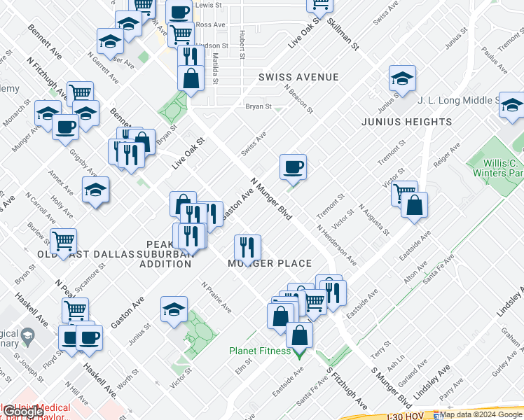 map of restaurants, bars, coffee shops, grocery stores, and more near 5114 Junius Street in Dallas