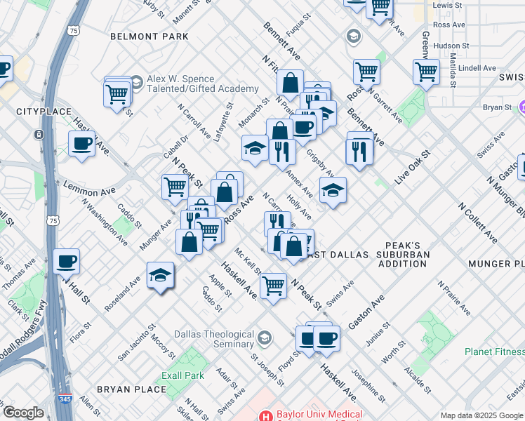 map of restaurants, bars, coffee shops, grocery stores, and more near 1607 North Carroll Avenue in Dallas