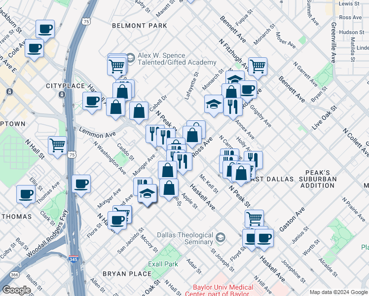 map of restaurants, bars, coffee shops, grocery stores, and more near 4234 Roseland Avenue in Dallas