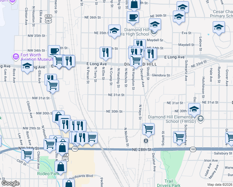 map of restaurants, bars, coffee shops, grocery stores, and more near 3206 North Crump Street in Fort Worth