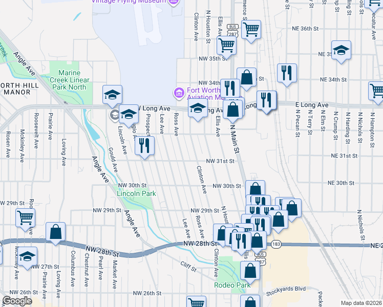 map of restaurants, bars, coffee shops, grocery stores, and more near 3112 Clinton Avenue in Fort Worth