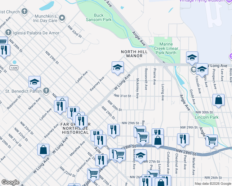 map of restaurants, bars, coffee shops, grocery stores, and more near 2700 Northwest 31st Street in Fort Worth