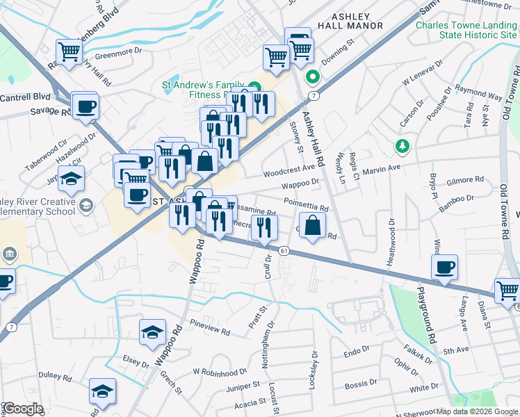 map of restaurants, bars, coffee shops, grocery stores, and more near 1632 Jessamine Road in Charleston