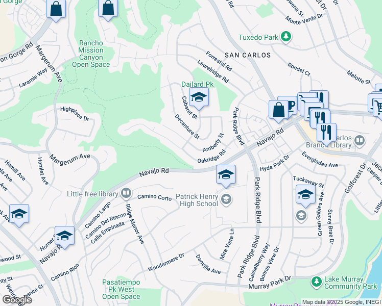 map of restaurants, bars, coffee shops, grocery stores, and more near 6490 Oakridge Road in San Diego