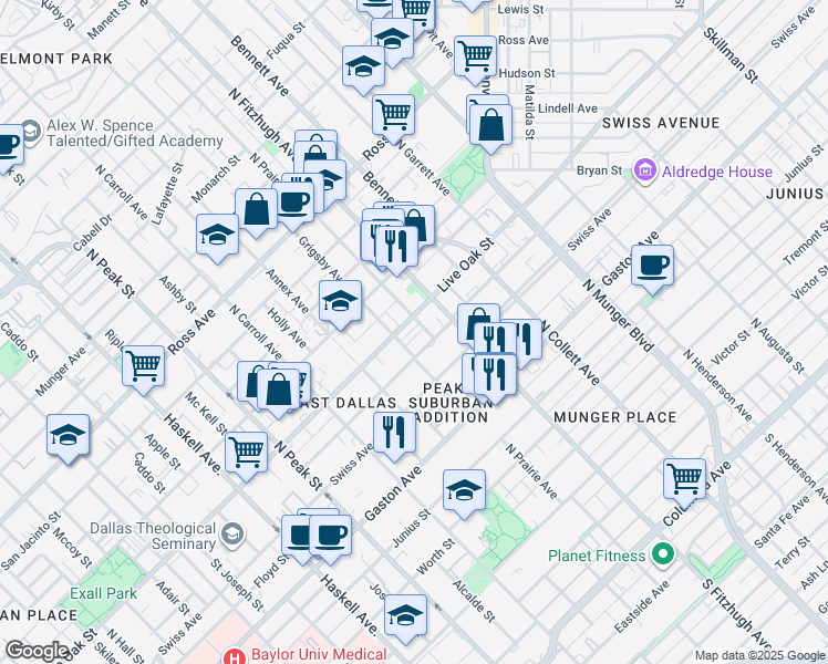 map of restaurants, bars, coffee shops, grocery stores, and more near 4760 Asher Place in Dallas