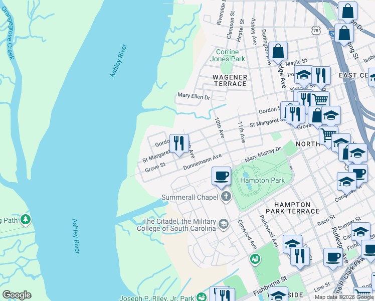 map of restaurants, bars, coffee shops, grocery stores, and more near 17 8th Avenue in Charleston