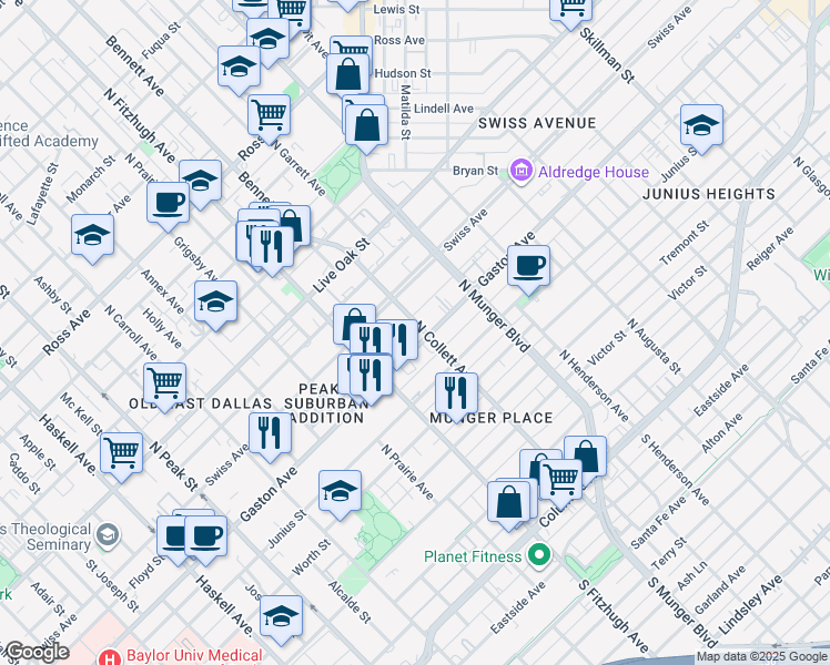 map of restaurants, bars, coffee shops, grocery stores, and more near 4931 Gaston Avenue in Dallas
