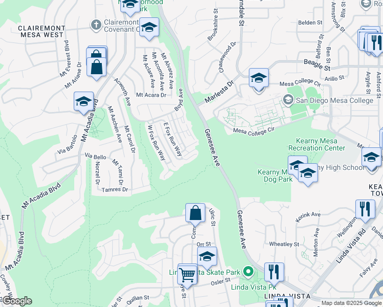 map of restaurants, bars, coffee shops, grocery stores, and more near 3073 East Fox Run Way in San Diego