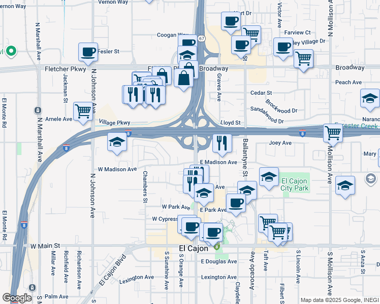 map of restaurants, bars, coffee shops, grocery stores, and more near 565 Magnolia Avenue in El Cajon