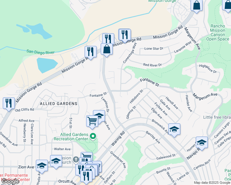 map of restaurants, bars, coffee shops, grocery stores, and more near 5367 Fontaine Street in San Diego