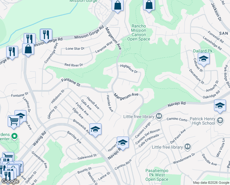 map of restaurants, bars, coffee shops, grocery stores, and more near 7427 Margerum Avenue in San Diego