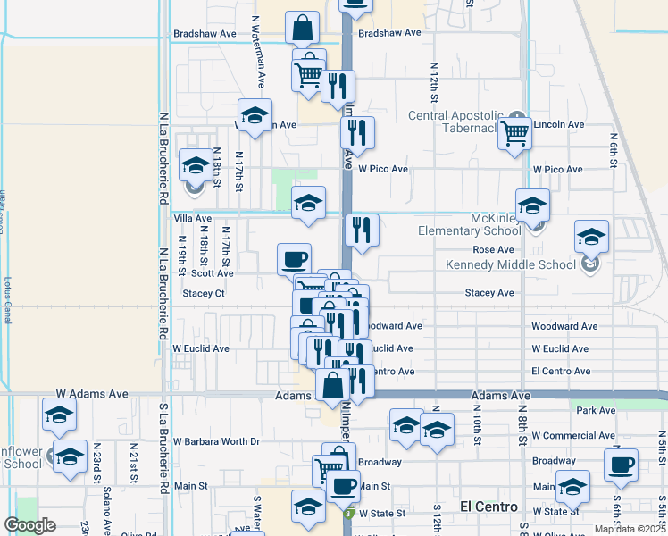 map of restaurants, bars, coffee shops, grocery stores, and more near Frontage Road in El Centro