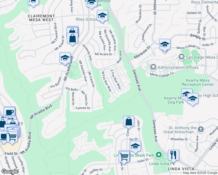 map of restaurants, bars, coffee shops, grocery stores, and more near 3121 West Fox Run Way in San Diego