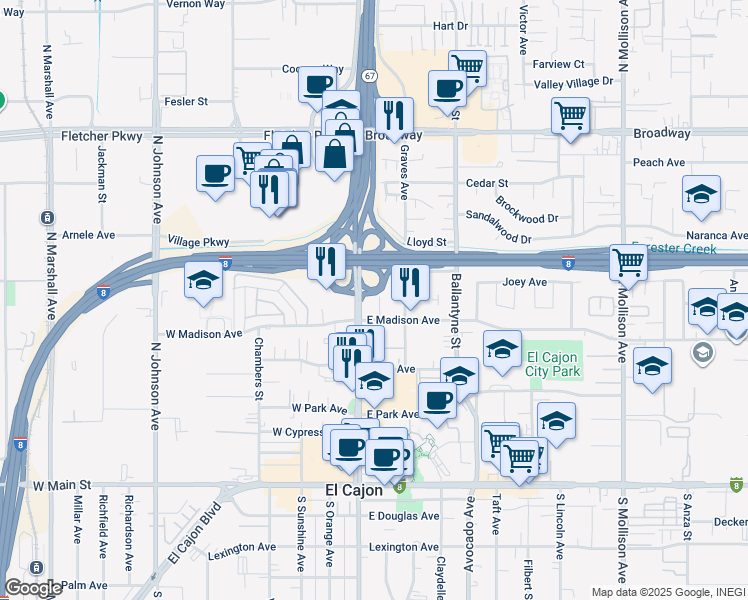 map of restaurants, bars, coffee shops, grocery stores, and more near 565 Magnolia Avenue in El Cajon