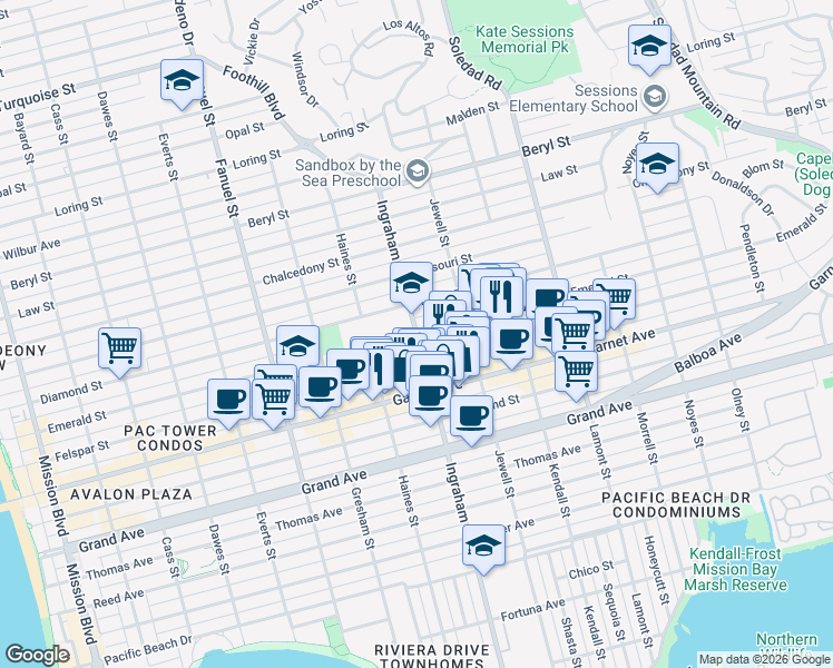 map of restaurants, bars, coffee shops, grocery stores, and more near Emerald Street in San Diego