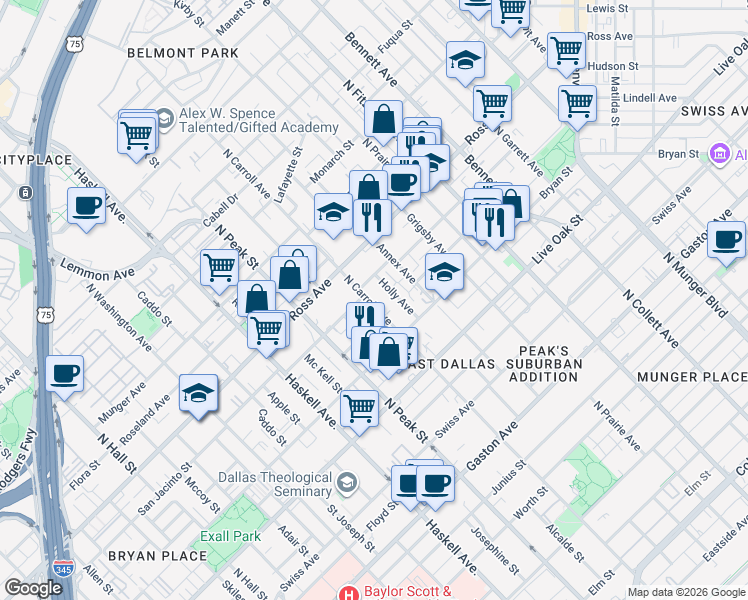 map of restaurants, bars, coffee shops, grocery stores, and more near 1518 North Carroll Avenue in Dallas