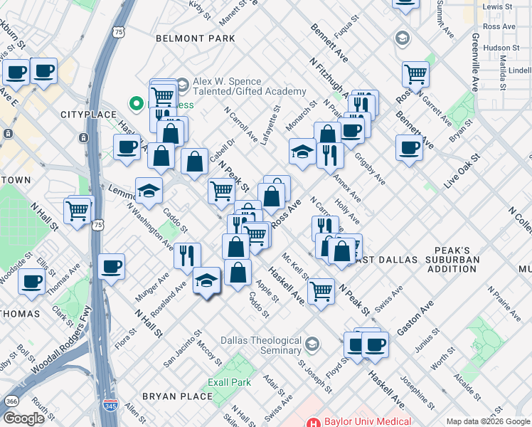 map of restaurants, bars, coffee shops, grocery stores, and more near 4234 Roseland Avenue in Dallas