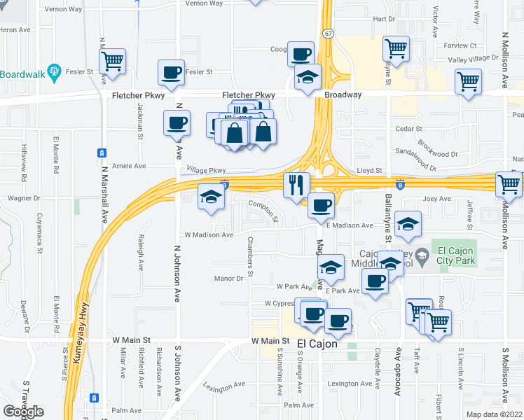 map of restaurants, bars, coffee shops, grocery stores, and more near 351 Compton Street in El Cajon
