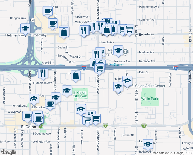 map of restaurants, bars, coffee shops, grocery stores, and more near 898 Friendly Circle in El Cajon