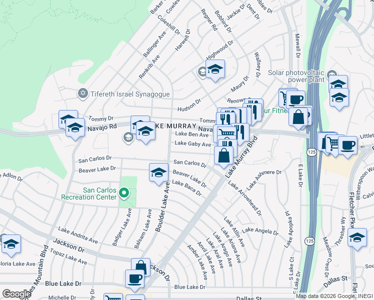 map of restaurants, bars, coffee shops, grocery stores, and more near 8353 Lake Gaby Avenue in San Diego