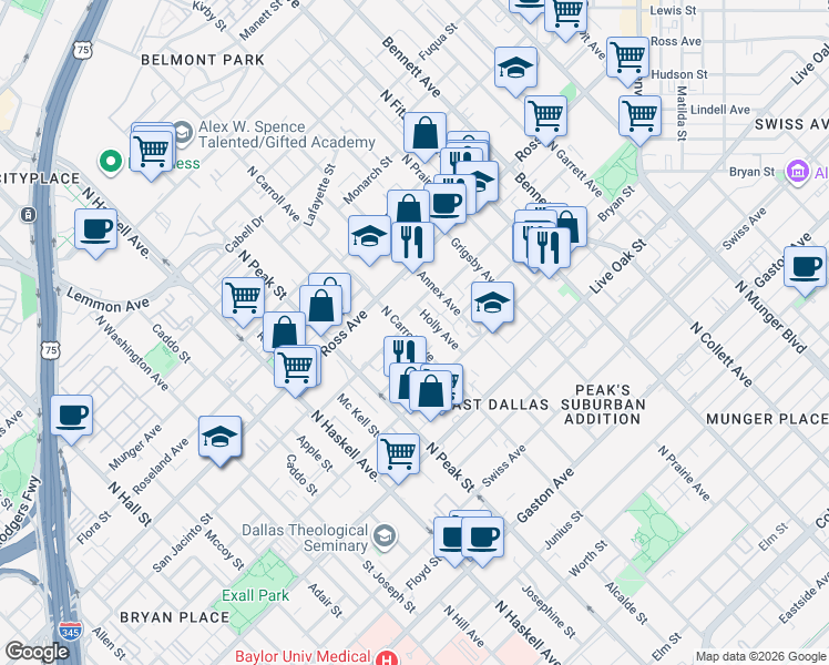 map of restaurants, bars, coffee shops, grocery stores, and more near 1519 Holly Avenue in Dallas
